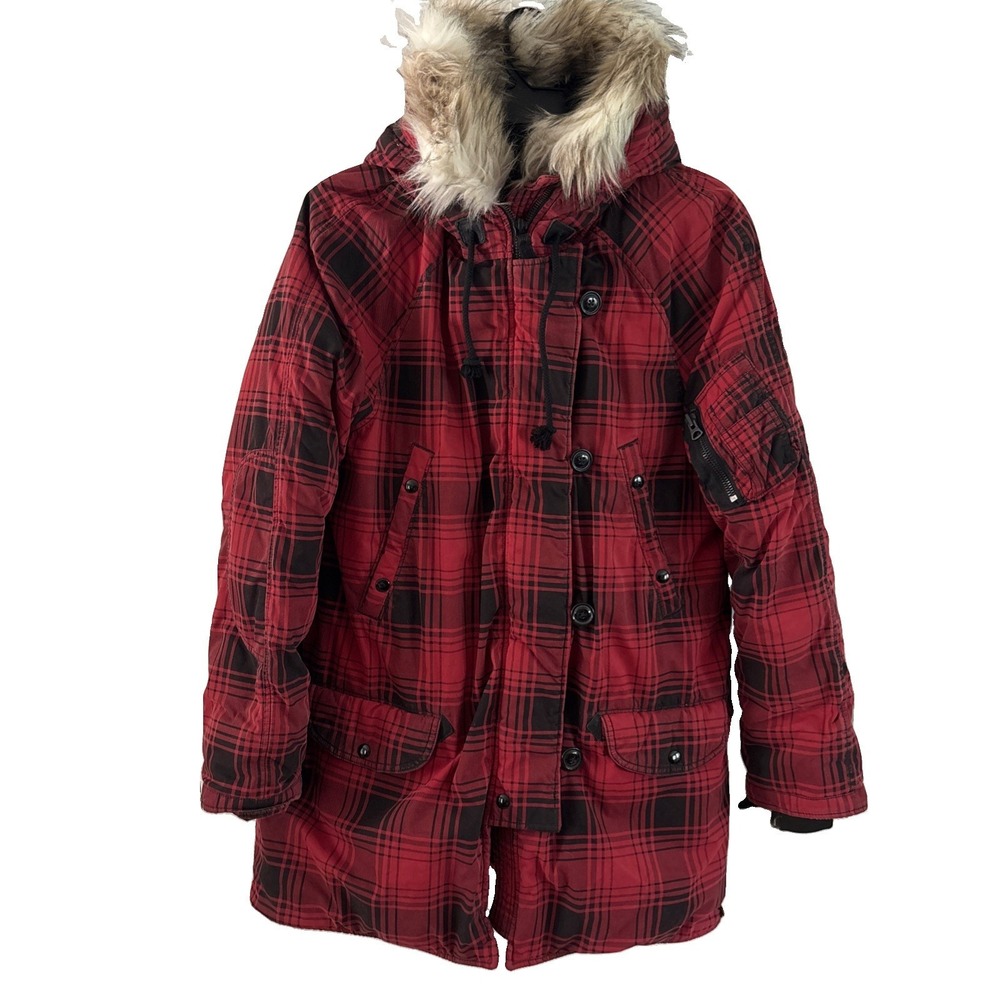 Polo Ralph Lauren Mens Fur Hooded Down Parka Jacket Black Sz XL‎  Red And Black